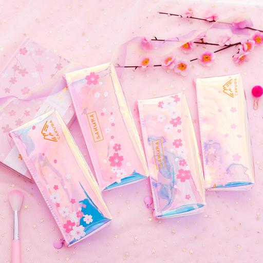 Kawaii Korean Japanese Laser Transparent Beautiful Pink Girl Heart Stationery Storage Pencil Case