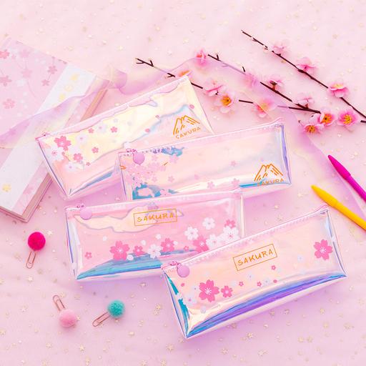 Kawaii Korean Japanese Laser Transparent Beautiful Pink Girl Heart Stationery Storage Pencil Case