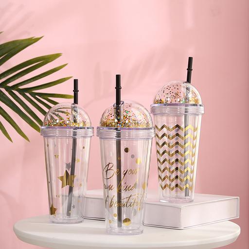 Kawaii  Japanese  Korean Sakura ice cup cute cold storage large capacity double-layer plastic straw cup