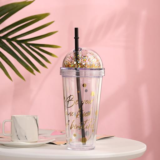Kawaii  Japanese  Korean Sakura ice cup cute cold storage large capacity double-layer plastic straw cup