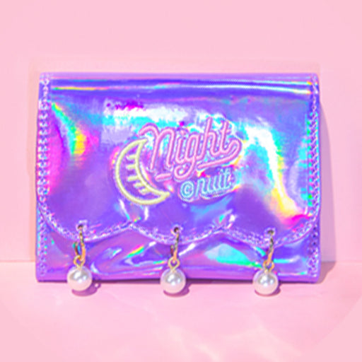 Kawaii Korean Japanese Bentoy Hypnotic Pearl Pendant Girl Heart Colorful Laser Bright Leather Harajuku Style Wallet