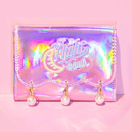 Kawaii Korean Japanese Bentoy Hypnotic Pearl Pendant Girl Heart Colorful Laser Bright Leather Harajuku Style Wallet
